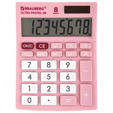 Калькулятор настольный BRAUBERG ULTRA PASTEL-08-PK, КОМПАКТНЫЙ (154x115 мм), 8 разрядов, двойное питание, РОЗОВЫЙ, 250514 250514