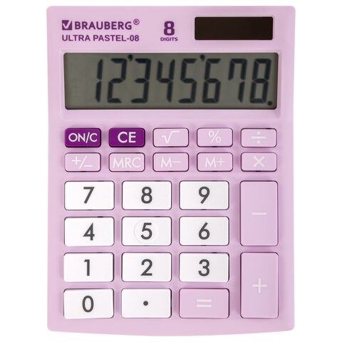 Калькулятор настольный BRAUBERG ULTRA PASTEL-08-PR, КОМПАКТНЫЙ (154x115 мм), 8 разрядов, двойное питание, СИРЕНЕВЫЙ, 250516 250516