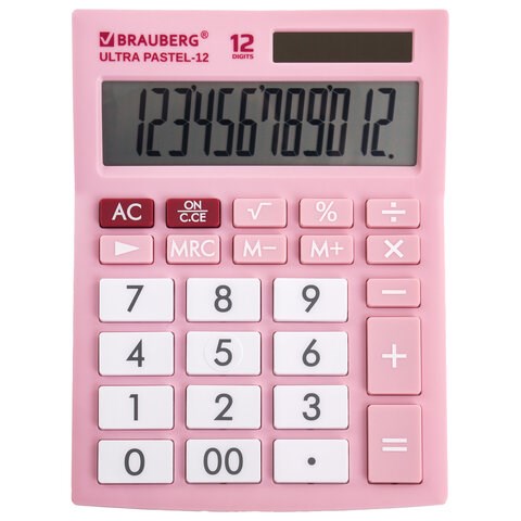 Калькулятор настольный BRAUBERG ULTRA PASTEL-12-PK (192x143 мм), 12 разрядов, двойное питание, РОЗОВЫЙ, 250503 250503