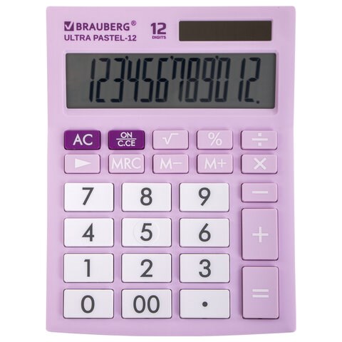 Калькулятор настольный BRAUBERG ULTRA PASTEL-12-PR (192x143 мм), 12 разрядов, двойное питание, СИРЕНЕВЫЙ, 250505 250505