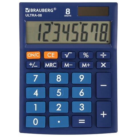 Калькулятор настольный BRAUBERG ULTRA-08-BU, КОМПАКТНЫЙ (154x115 мм), 8 разрядов, двойное питание, СИНИЙ, 250508 250508