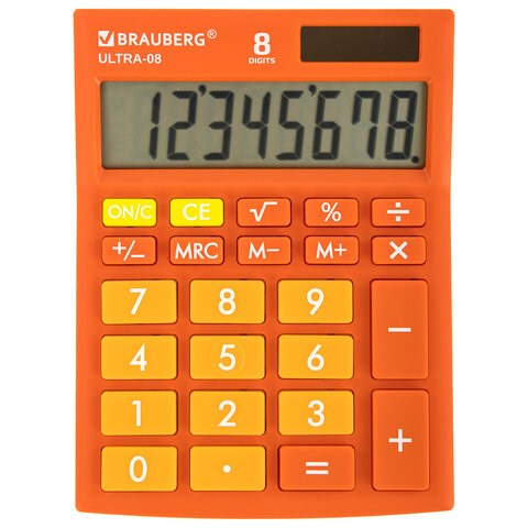 Калькулятор настольный BRAUBERG ULTRA-08-RG, КОМПАКТНЫЙ (154x115 мм), 8 разрядов, двойное питание, ОРАНЖЕВЫЙ, 250511 250511