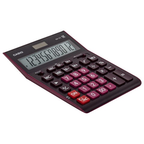 Калькулятор настольный CASIO GR-12С-WR (210х155 мм), 12 разрядов, двойное питание, БОРДОВЫЙ, GR-12C-WR-W-EP 250444