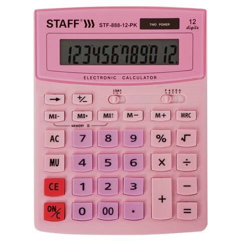 Калькулятор настольный STAFF STF-888-12-PK (200х150 мм) 12 разрядов, двойное питание, РОЗОВЫЙ, 250452 250452