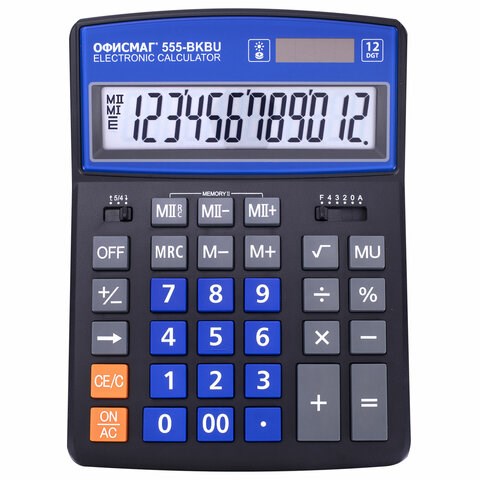 Калькулятор настольный ОФИСМАГ 555-BKBU (206x155 мм), 12 разрядов, двойное питание, ЧЕРНО-СИНИЙ, 271927 271927