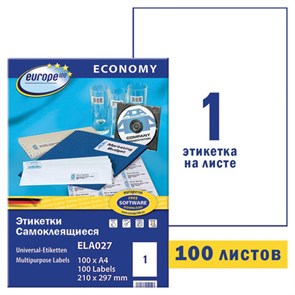 {{photo.Alt || photo.Description || 'Этикетка самоклеящаяся 210х297 мм, 1 этикетка, белая, 70 г/м2, 100 л., Avery, Европа-100, ELA027'}}