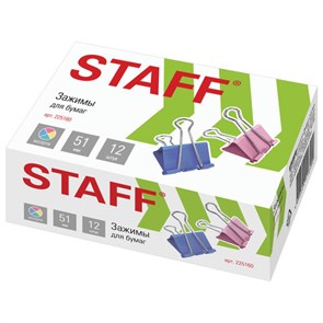 {{photo.Alt || photo.Description || 'Зажимы для бумаг STAFF "Profit", КОМПЛЕКТ 12 шт., 51 мм, на 230 листов, цветные, картонная коробка, 225160'}}