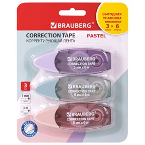 {{photo.Alt || photo.Description || 'Корректирующая лента BRAUBERG PASTEL, 5 мм х 6 м, ВЫГОДНАЯ УПАКОВКА 3 штуки в блистере, 272658'}}