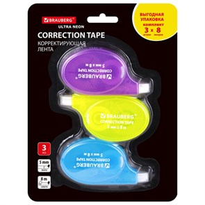 {{photo.Alt || photo.Description || 'Корректирующая лента BRAUBERG ULTRA NEON, 5 мм х 8 м, ВЫГОДНАЯ УПАКОВКА 3 штуки в блистере, 272665'}}