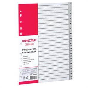 {{photo.Alt || photo.Description || 'Разделитель пластиковый ОФИСМАГ, А4, 31 лист, цифровой 1-31, оглавление, серый, РОССИЯ, 225605'}}