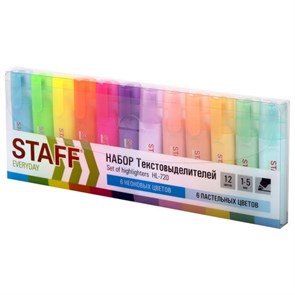 {{photo.Alt || photo.Description || 'Набор текстовыделителей 12 ЦВЕТОВ, STAFF "EVERYDAY HL-720", 6 неоновых цветов + 6 пастельных цветов, линия 1-5 мм, 152557'}}