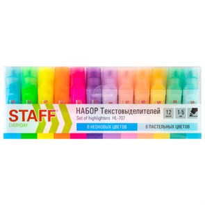 {{photo.Alt || photo.Description || 'Набор текстовыделителей 12 ЦВЕТОВ, STAFF EVERYDAY HL-707, 6 неоновых цветов + 6 пастельных цветов, линия 1-5 мм, скошен. наконечник, 152552'}}