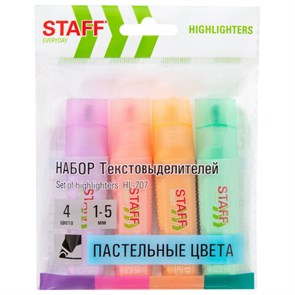 {{photo.Alt || photo.Description || 'Набор текстовыделителей 4 ПАСТЕЛЬНЫХ ЦВЕТА, STAFF "EVERYDAY HL-707", линия 1-5 мм, скошенный наконечник, 152549'}}