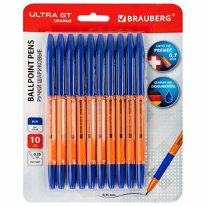 {{photo.Alt || photo.Description || 'Ручки шариковые с грипом BRAUBERG "ULTRA GT ORANGE", НАБОР 10 ШТУК, СИНИЕ, 0,35 мм, блистер, 144057'}}