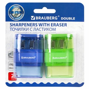 {{photo.Alt || photo.Description || 'Точилки с ластиком 2 в 1 BRAUBERG "Double", НАБОР 2 ШТУКИ, 2 отверстия, синяя и зеленая, блистер, 271995'}}