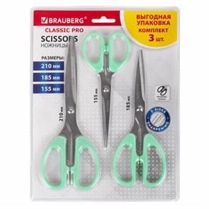 {{photo.Alt || photo.Description || 'Ножницы BRAUBERG "CLASSIC PRO" 3 шт. (155, 185, 210 мм), мятные ручки, ВЫГОДНАЯ УПАКОВКА, 272979'}}