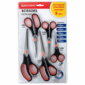 {{photo.Alt || photo.Description || 'Ножницы BRAUBERG SOFT GRIP НАБОР 5 штук (140, 170, 190, 220, 240 мм), эргономичные черно-красные ручки, ВЫГОДНАЯ УПАКОВКА, 238410'}}