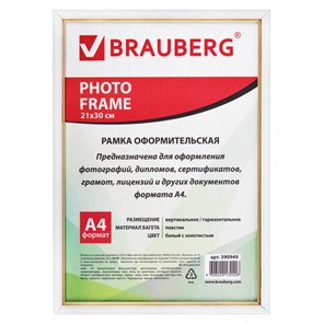 {{photo.Alt || photo.Description || 'Рамка 21х30 см, пластик, багет 12 мм, BRAUBERG "HIT2", белая с золотом, стекло, 390949'}}