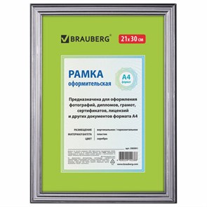 {{photo.Alt || photo.Description || 'Рамка 21х30 см, пластик, багет 20 мм, BRAUBERG "HIT3", серебро, стекло, 390991'}}
