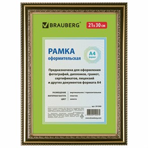 {{photo.Alt || photo.Description || 'Рамка 21х30 см, пластик, багет 30 мм, BRAUBERG "HIT4", золото, стекло, 391000'}}