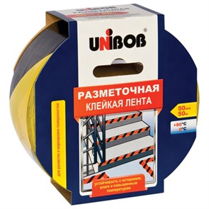 {{photo.Alt || photo.Description || 'Клейкая лента разметочная 50 мм х 50 м, желто-черная, UNIBOB, основа-ПВХ, европодвес, 48905'}}
