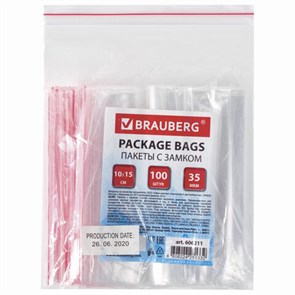 {{photo.Alt || photo.Description || 'Пакеты с замком ZIP LOCK "зиплок", комплект 100 шт., 100х150 мм, ПВД, толщина 35 микрон, BRAUBERG, 606211'}}