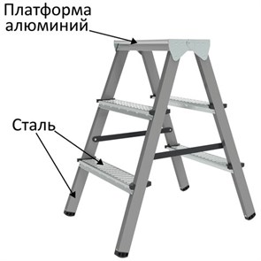 {{photo.Alt || photo.Description || 'Стремянка стальная двухсторонняя 2х3 ступени, высота площадки 0,66м, алюминиевая площадка 35х16см, до 150кг, вес 4,2кг НОВАЯ ВЫСОТА, 1160203'}}