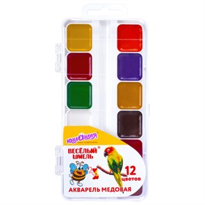 {{photo.Alt || photo.Description || 'Краски акварельные ЮНЛАНДИЯ "ВЕСЁЛЫЙ ШМЕЛЬ", медовые, 12 цветов, квадратные кюветы, пластик, 192362'}}