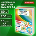 Бумага цветная 10 цветов BRAUBERG MULTICOLOR, А4, 80 г/м2, 200 л. (10 цветов x 20 листов), 114209 114209