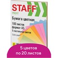 Бумага цветная STAFF "Profit" МАЛОГО ФОРМАТА (148х210 мм), А5, 80 г/м2, 100 л. (5цв. х 20 л.), цветная пастель, для офиса и дома, 110891 110891