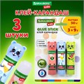 Клей-карандаш "Зверята: кошка, мышка, хрюшка", 9 г, фигурный колпачок, 3 шт./блистер, BRAUBERG KIDS, 271141 271141