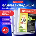 Папки-файлы МАЛОГО ФОРМАТА (148х210 мм), А5, ВЕРТИКАЛЬНЫЕ, КОМПЛЕКТ 100 шт., 35 мкм, BRAUBERG, 221714 221714