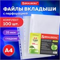 Папки-файлы перфорированные А4 BRAUBERG "PREMIUM", комплект 100 шт., гладкие, "Яблоко", 35 мкм, 221710 221710