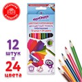 Карандаши цветные с двухцветным грифелем ЮНЛАНДИЯ "МОРСКИЕ ЖИТЕЛИ", 12 штук, 24 цвета, трехгранные, грифель 3 мм, натуральное дерево, 181587 181587