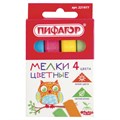 Мел цветной квадратный 4 штуки, ПИФАГОР, картонная упаковка, европодвес, 221977 221977