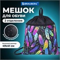 Мешок для обуви BRAUBERG БОЛЬШОЙ, с ручкой, карман на молнии, сетка, 49х41 см, "Feathers", 271057 271057
