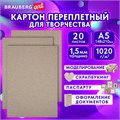 Картон переплетный, толщина 1,5 мм, А5 (148х210 мм), КОМПЛЕКТ 20 шт., BRAUBERG ART, 665558 665558