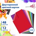 Картон цветной А4 ТОНИРОВАННЫЙ В МАССЕ, 48 листов 12 цветов, склейка, 180 г/м2, BRAUBERG, 210х297 мм, 124744 124744