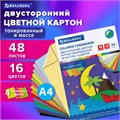 Картон цветной А4 ТОНИРОВАННЫЙ В МАССЕ, 48 листов 16 цветов (+ неон), склейка, 180 г/м2, BRAUBERG, 113507 113507